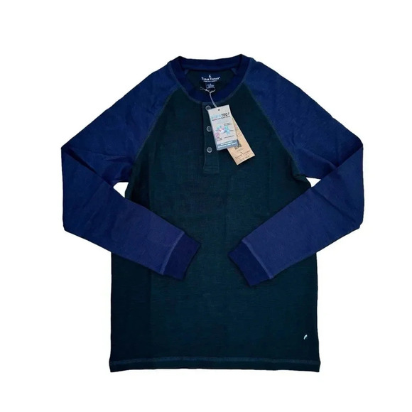Tailor Vintage Navy Blue Green Shirt Top Tee Long Sleeve Buttons Airotec S NWT - Picture 1 of 9